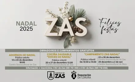 CARTEL ZAS - Zas presenta un Nadal cargado de actividades e impulsa o seu campamento gratuíto ao servizo de todas as familias copia