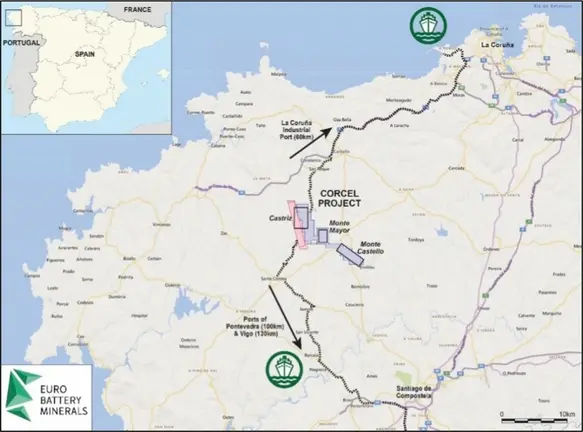 Mapa do Proxecto Corcel de Eurobattery Minerals en Santa Comba