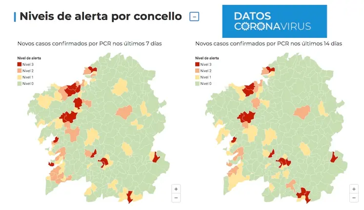 Mapa de concellos cos datos de coronavirus a 19-10-2020