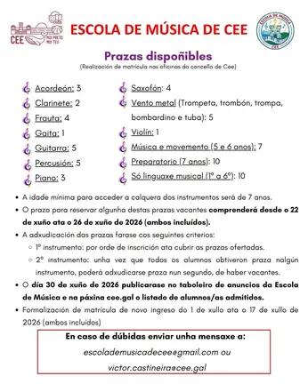 Últimas prazas na Escola de Música de Cee