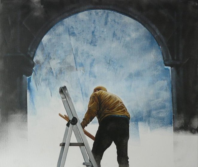Escena de traballo no Belén de Corcubión pintada por Carlos Martínez