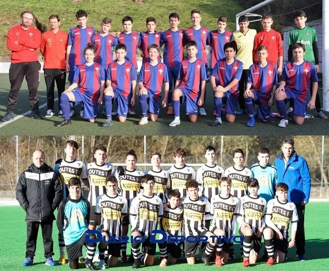 Os planteles da SD Esteirana e do Outes FC da categoría cadete