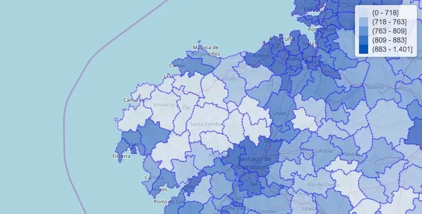 Mapa das pensions por Concellos da Costa da Morte-Fonte-IGE