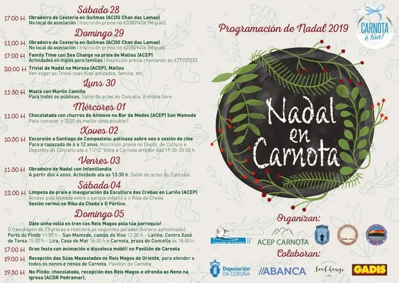 Díptico coas actividades de Nadal en Carnota.