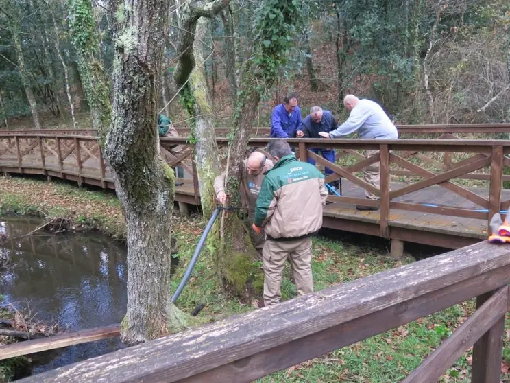 Alumnos traballadores e persoal docente do Obradoiro de emprego A Laracha V no paseo fluvial.