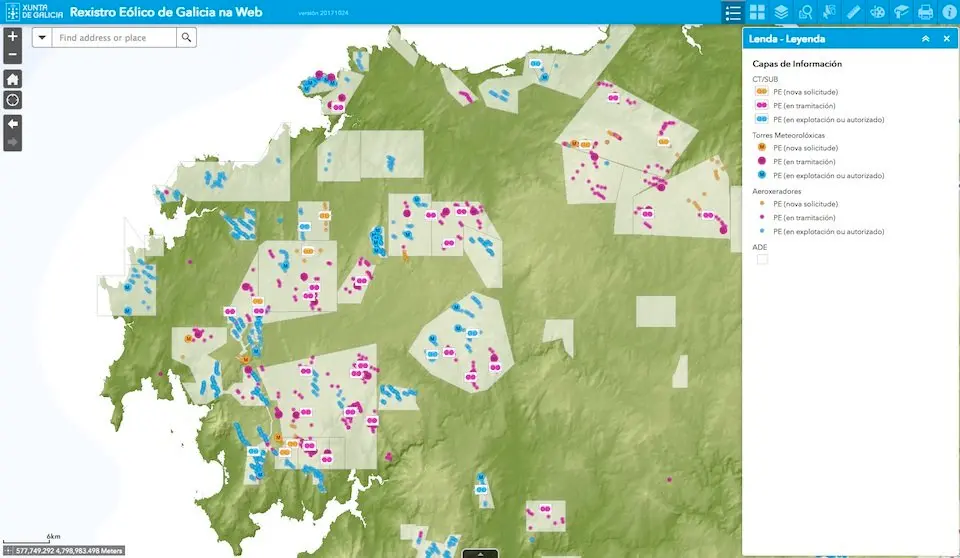 Pantallazo do Rexistro Eolico de Galicia na Costa da Morte