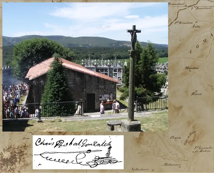 A procesión do día de San Cristovo de Corzón e a sinatura de Cristobal González sobre o territorio de Mazaricos plasmado de Mapa de Galicia de Domingo Fontán