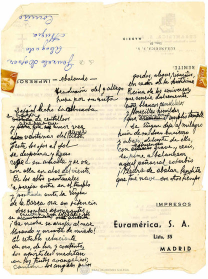Poema manuscrito Abalando de Gonzalo Lopez Abente