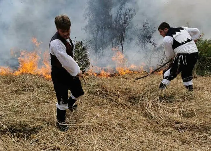 Gaiteiros de Axio Mouro apagando un lume