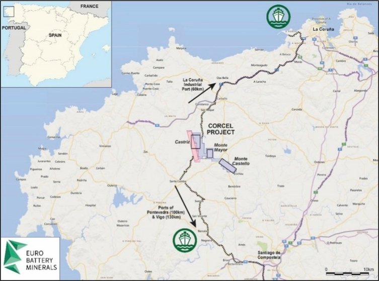 Mapa do Proxecto Corcel de Eurobattery Minerals en Santa Comba