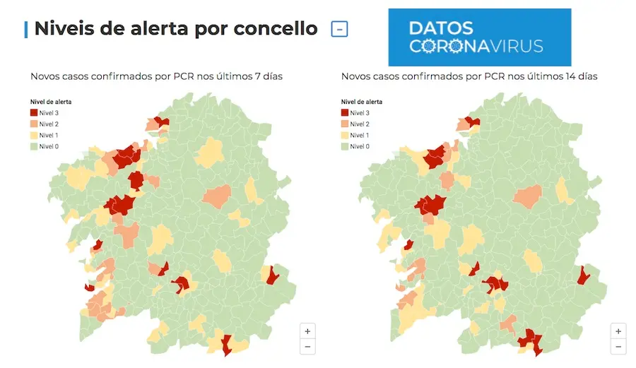 Mapa de concellos cos datos de coronavirus a 19-10-2020