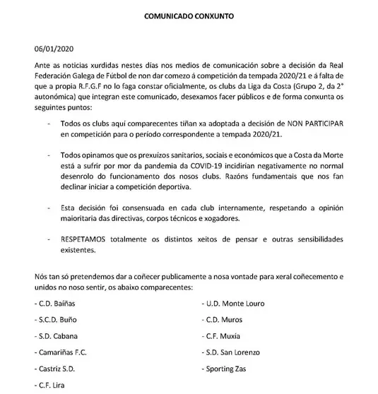 Comunicado equipos Liga da Costa