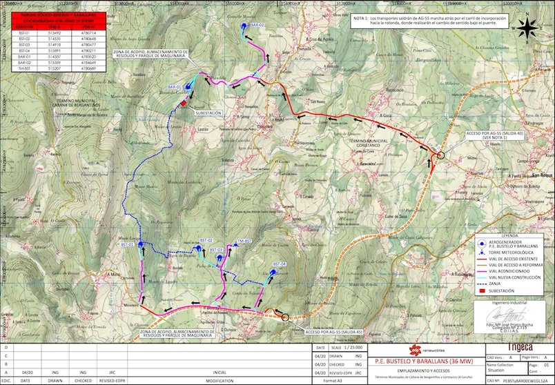 Mapa do Parque Eolico de Bustelo e Barallans