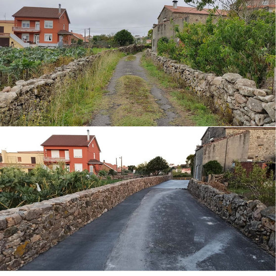 antes e despois do asfaltado en Pions-Camarinas