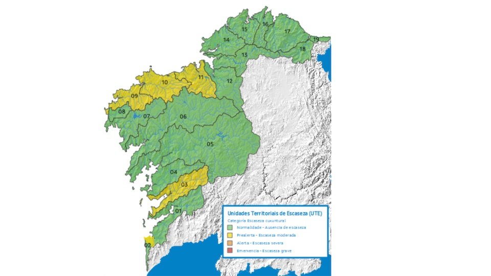 Mapa do estado hidroloxico galicia setembro 2023 na demarcación Galicia-Costa