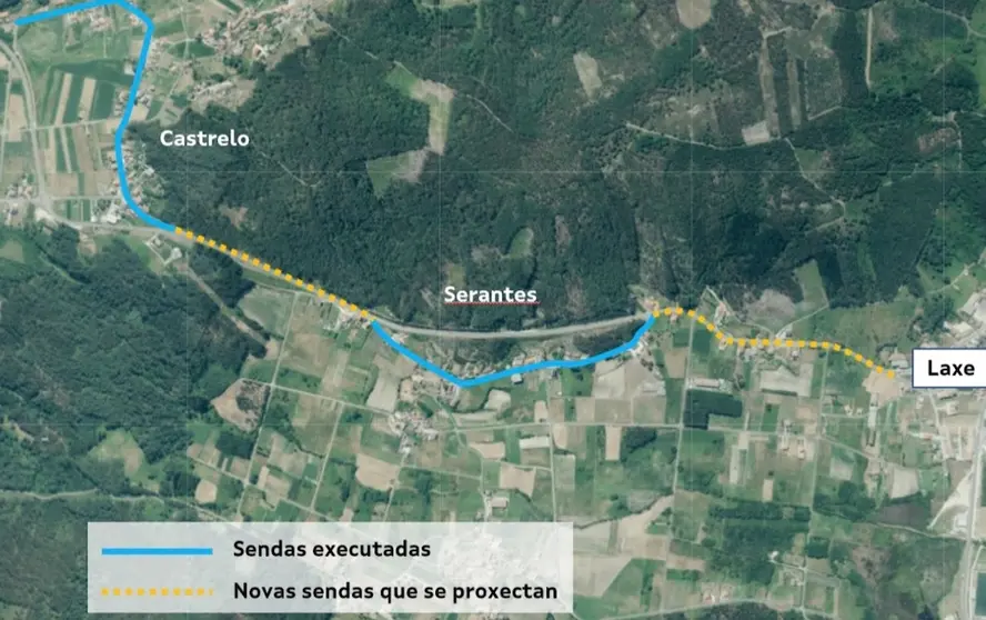 Plano cos treitos de sendas construídos na estrada AC-433 entre Soesto e Laxe