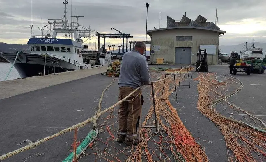 O redeiro Javier Fernandez No porto de Muros cos aparellos-Foto de Alicia Vazquez