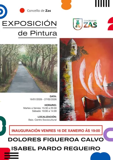 CARTEL ZAS - Zas reforza a súa aposta pola cultura cunha nova exposición de pintura no Centro Sociocultural de Baio