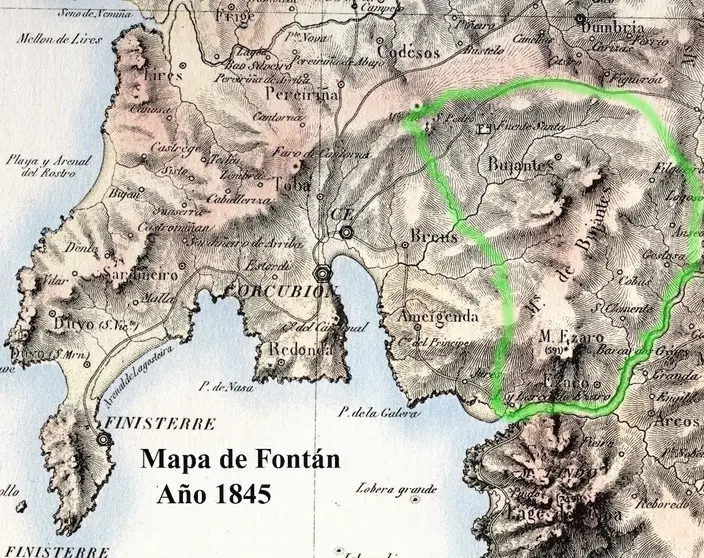 Mapa antigo de Fontan de 1845 da comarca de Fisterra