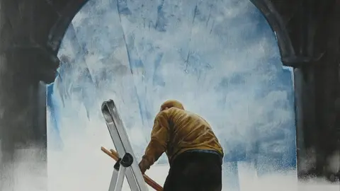 Escena de traballo no Belén de Corcubión pintada por Carlos Martínez