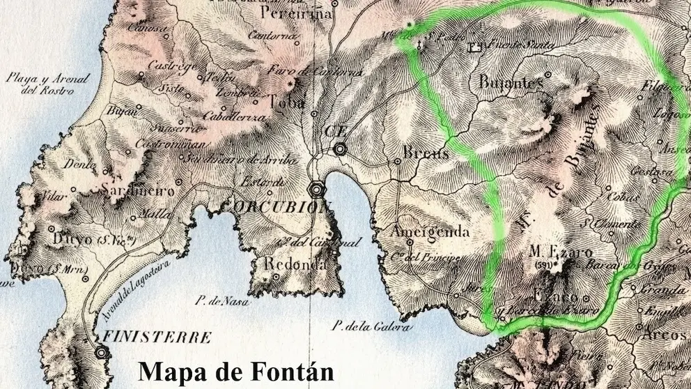Mapa antigo de Fontan de 1845 da comarca de Fisterra