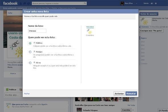 Lista de intereses 2 de Facebook Podes crear diferentes listas en función das temáticas das páxinas que segues