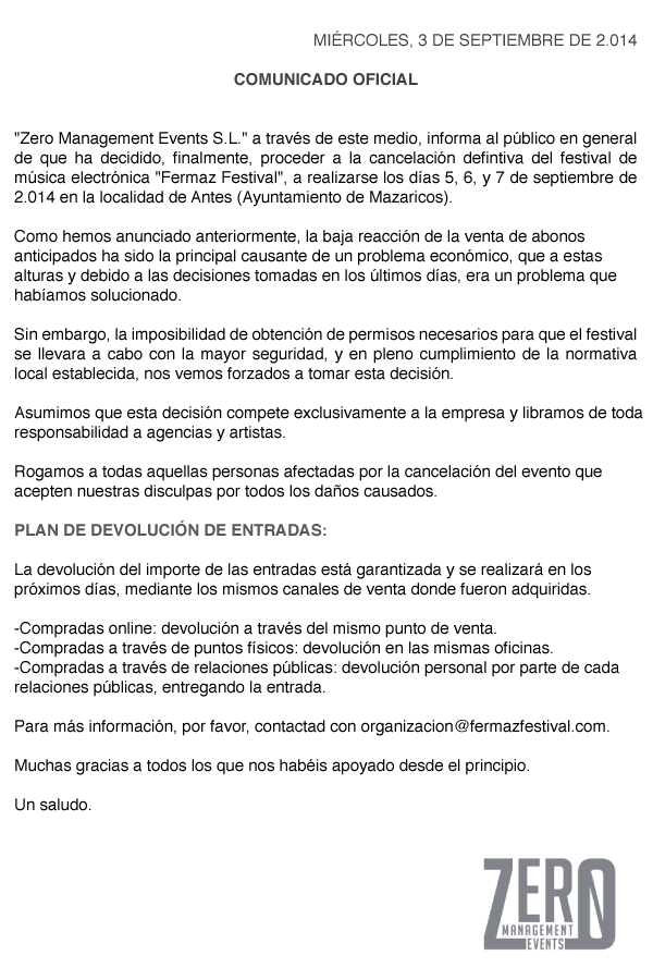 Comunicado de cancelacion do Fermaz Festival Comunicado de cancelacion do Fermaz Festival