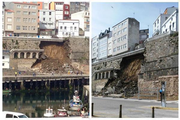 Derrumbe do muro onde estaba a Lonxa Vella de Malpica Derrumbe do muro onde estaba a Lonxa Vella de Malpica