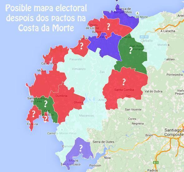 Posible mapa electoral despois dos pactos na Costa da Morte 2015 Posible mapa electoral despois dos pactos na Costa da Morte 2015