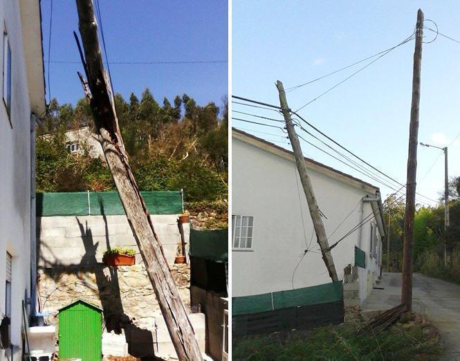 Poste da luz caido en Corcubion en xullo 2015 e en xaneiro 2016