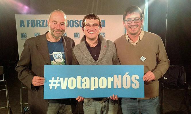 Paco Souto, Carlos Callon e Marcos Trigo durante o mitin do BNG en Carballo