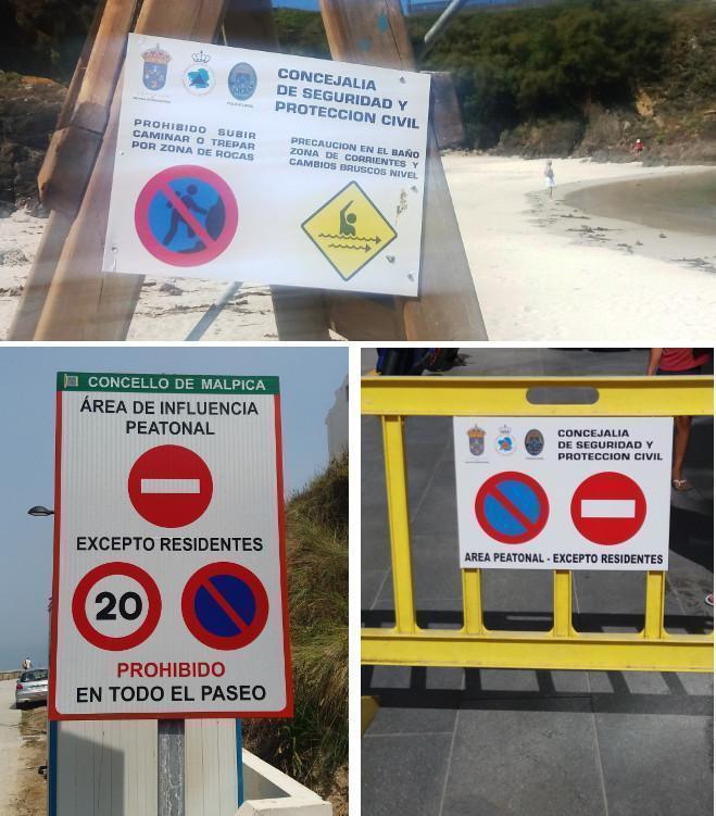 Letreiros en castelan nas praias de Malpica