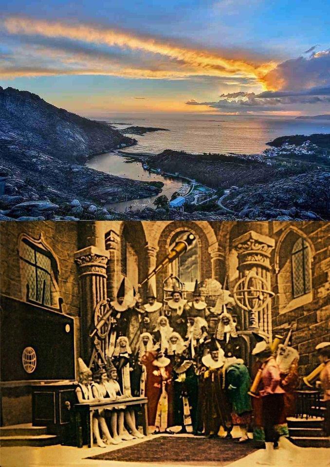 Arriba, foto tomada desde el mirador de Ézaro. Abajo, fotograma de la película Viaje a la Luna realizada por Georges Méliès en 1902.