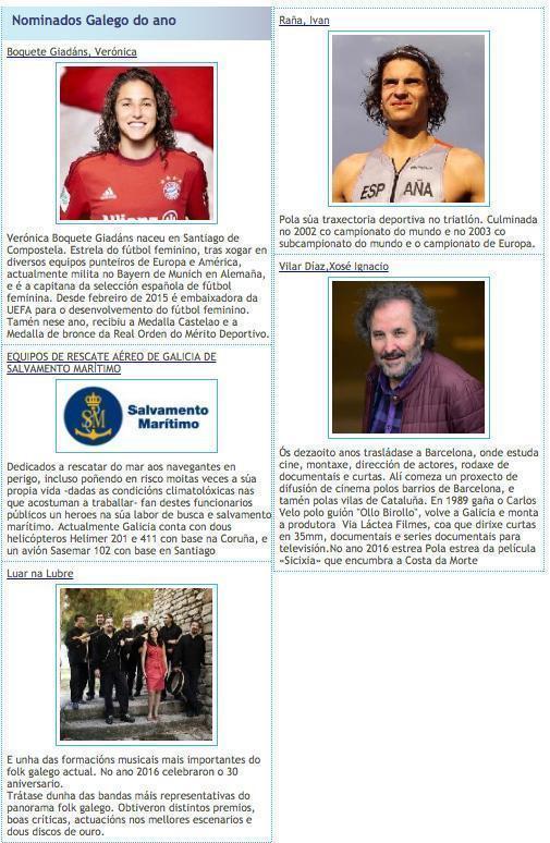 Nominados ao Galego do Ano polo Padroado de Bergantinos 2016