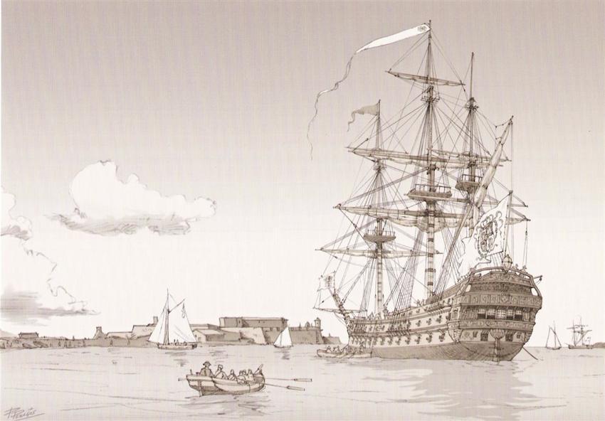 El Glorioso fondeado en Cádiz (1746). Lámina de Carlos Parrilla (Custom)