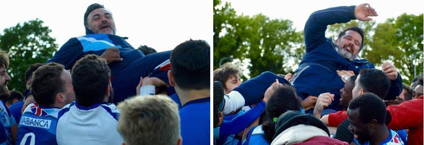 Os camarinans Jose Andon e Leo Docabo manteados no FC Deportivo Galicia London