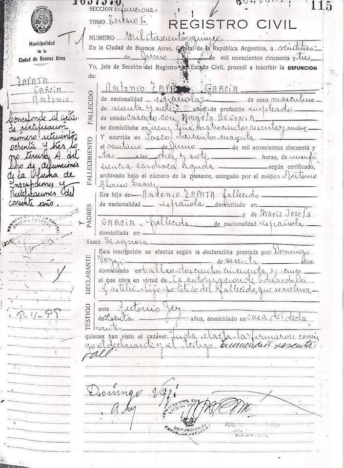 Copia da acta de defunción de Antón Zapata García no «Registro Civil da Municipalidad de Buenos Aires», facilitada polo chorado amigo, doutor Juan Gervasio Paz, fillo do poeta muxián Xervasio Paz Lestón