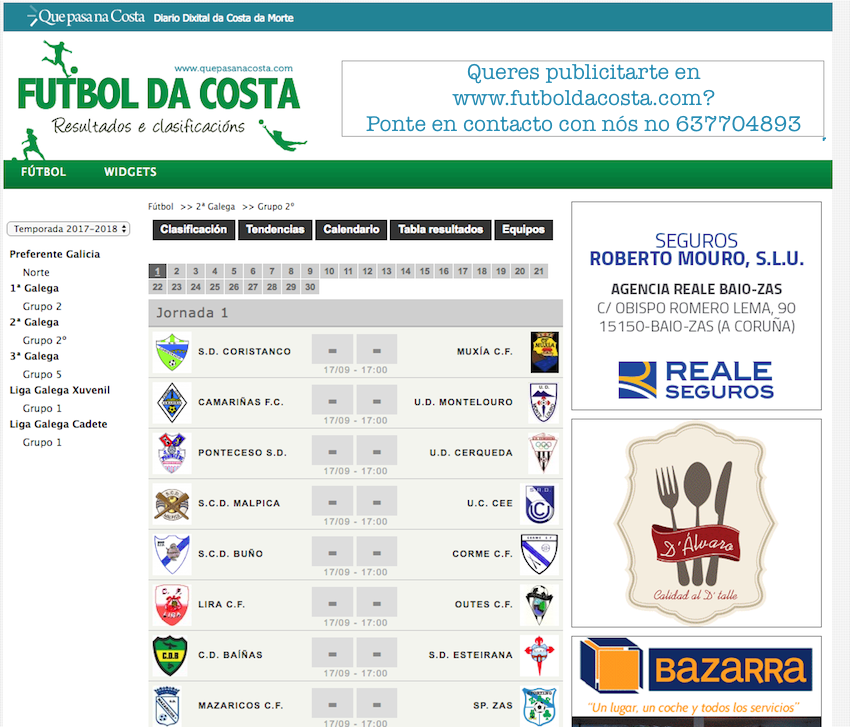 Calendario da Liga da Costa 2017-2018