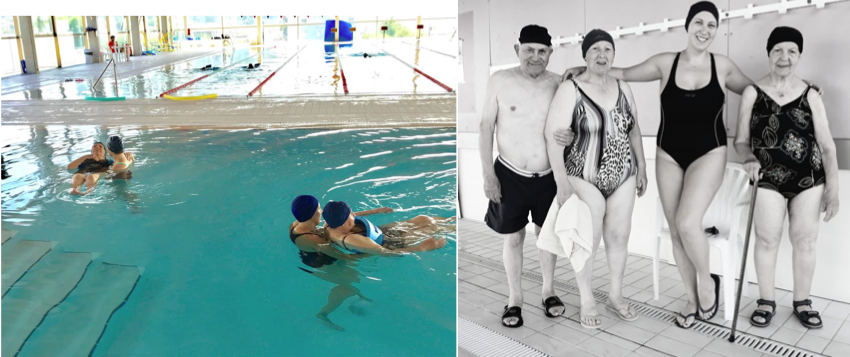 Usuarios e traballadoras na Piscina Municipal de Muros