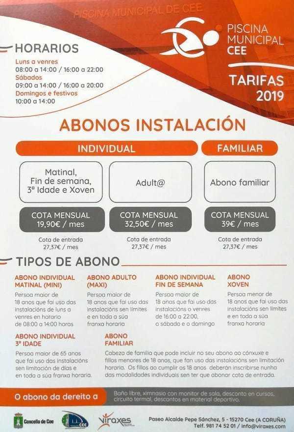 Prezos das Entradas e abonos da piscina de Cee 2019