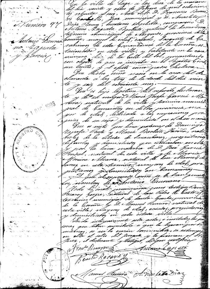 Acta de Nacemento de Anton Zapata