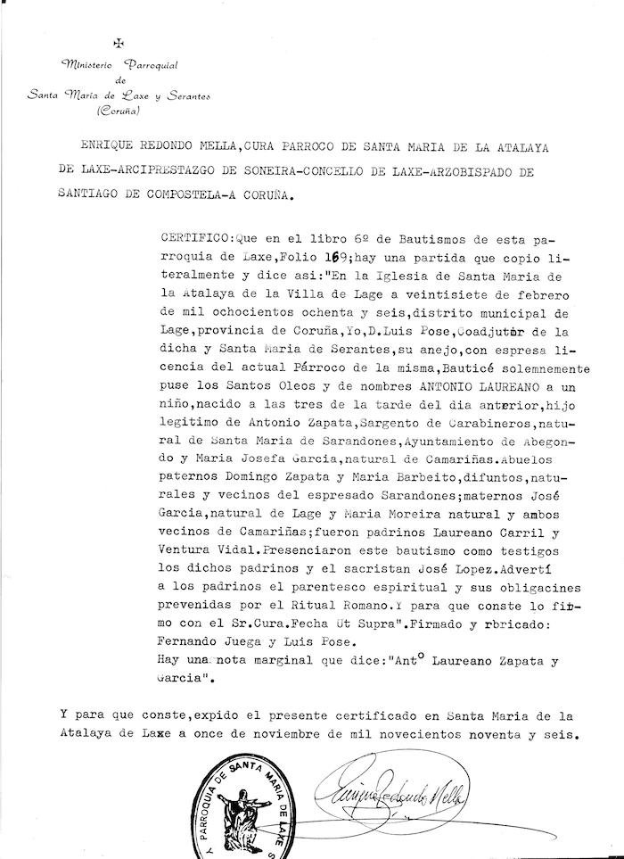 Partida de Nacemento de Anton Zapata 1