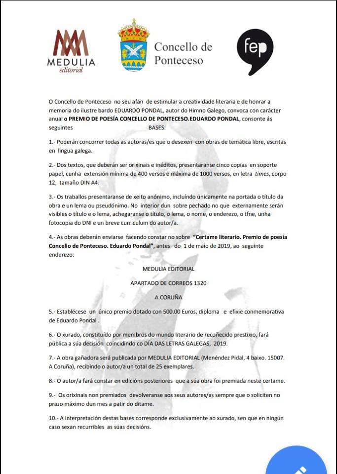 Bases do Certame de Poesia Eduardo Pondal de Ponteceso 2019