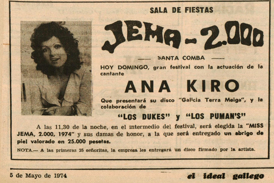 Ana Kiro de concerto na Sala Jema 2000 de SAnta Comba en 1974