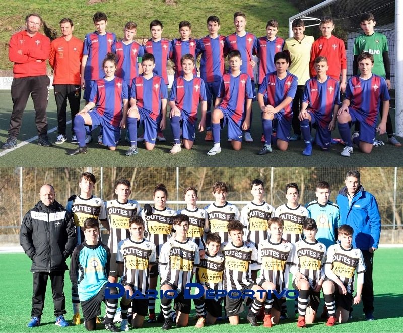 Os planteles da SD Esteirana e do Outes FC da categoría cadete