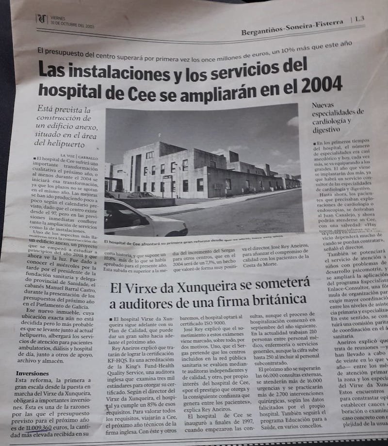 Nova sobre o Hospital Virxe da Xunqueira de 2003 Nova sobre o Hospital Virxe da Xunqueira de 2003