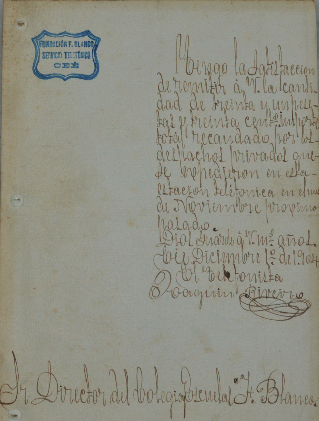 Recadación do servizo telefónico durante o mes de novembro de 1904