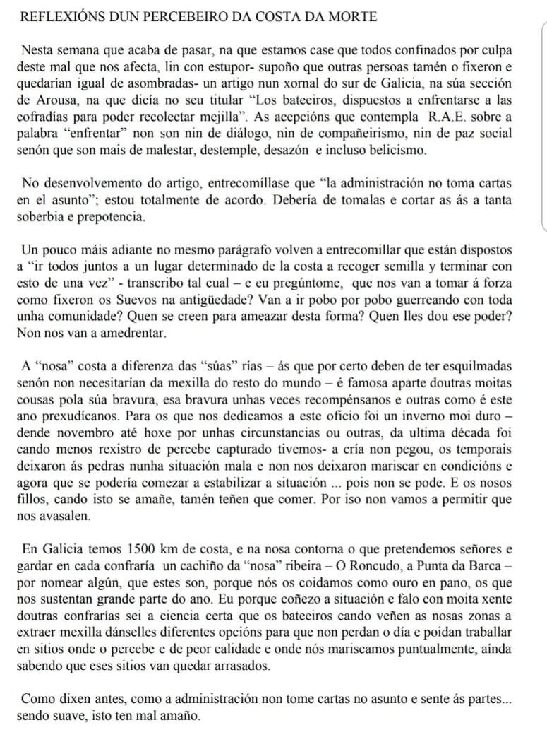Reflexion dun percebeiro da Costa da Morte ante a extraccion da mexilla