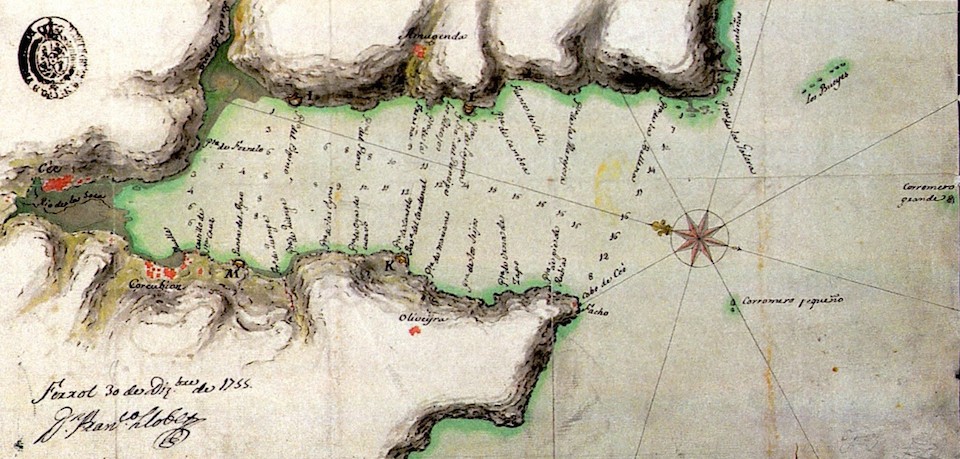 A ría de Corcubión nun mapa de Francisco Llobet de 1755