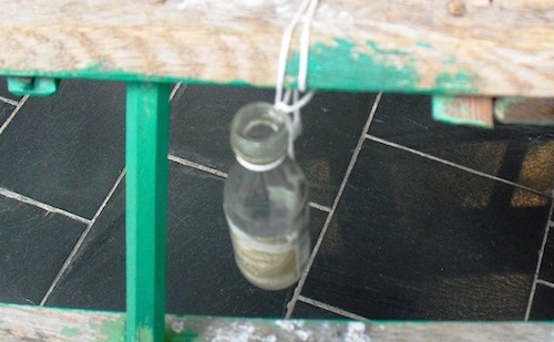 A botelliña para a auga bendita nun modelo de curragh na exposición do Blasket Center